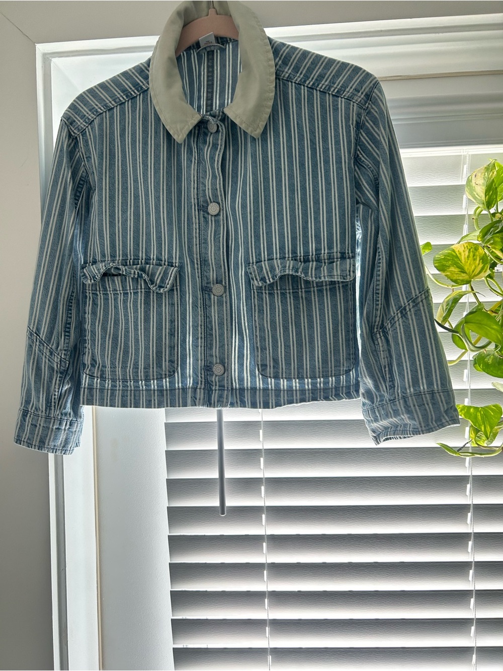Old Navy Blue and White Striped Jean Jacket with Cream Collar